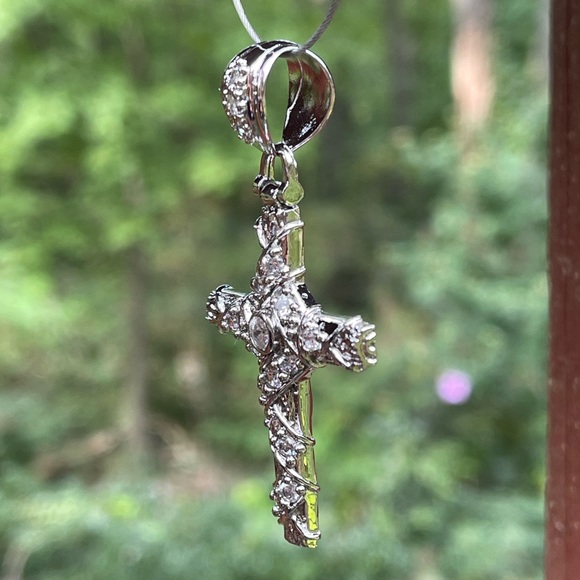 Large Ornate Solid Sterling Silver and CZ Cross Pendant - Picture 5 of 5